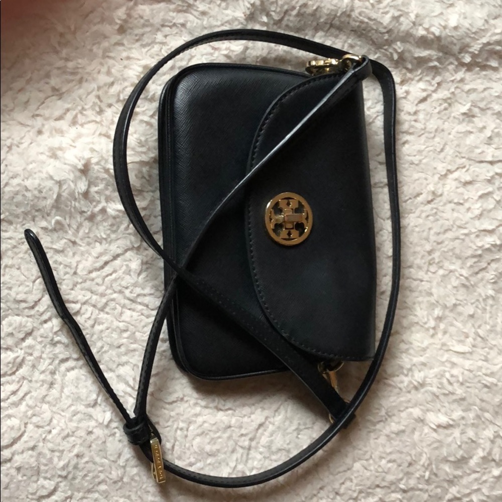 Black leather Tory Crossbody Gold Accents